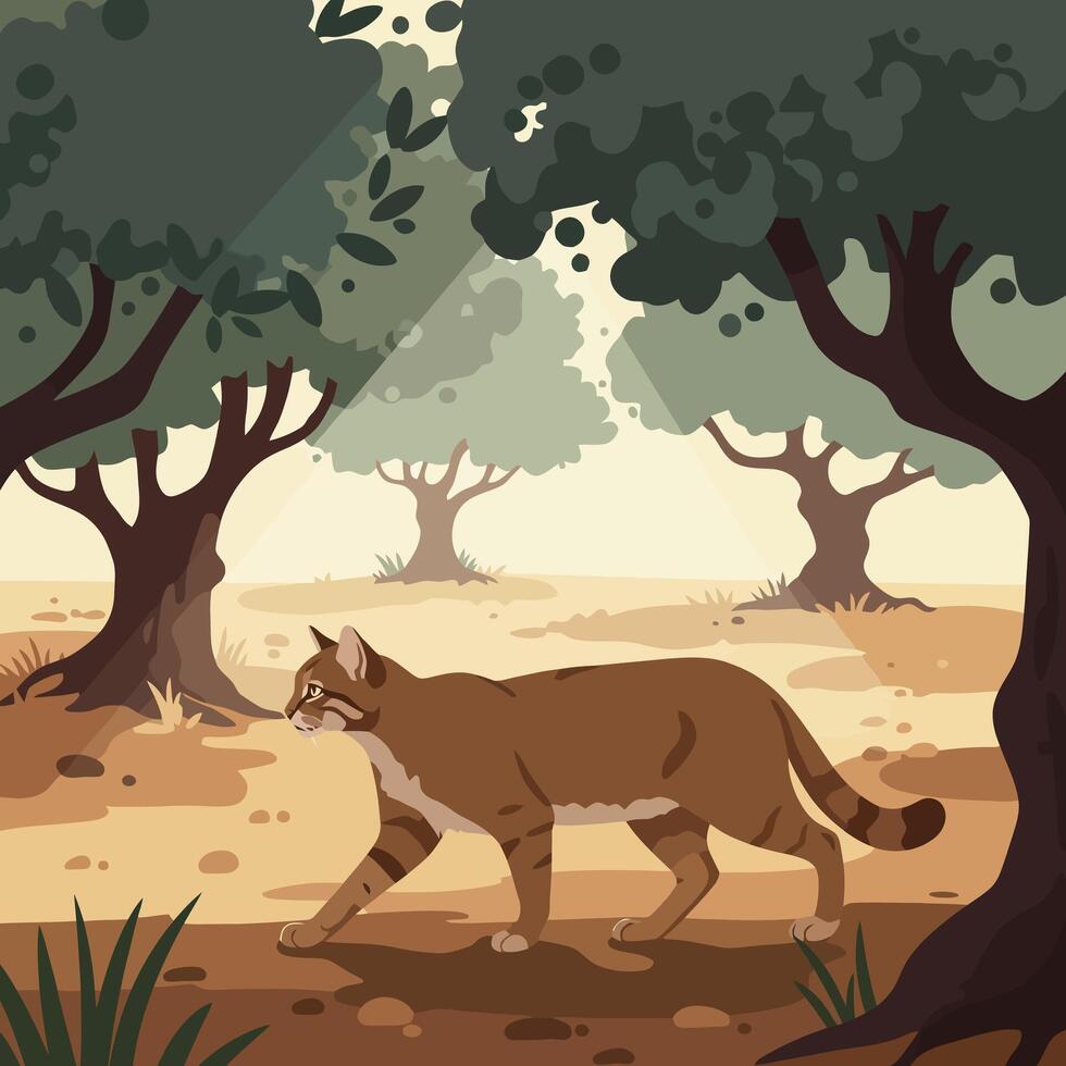 Cat Walking Through Forest with Light Rays Filtering Through Trees vector