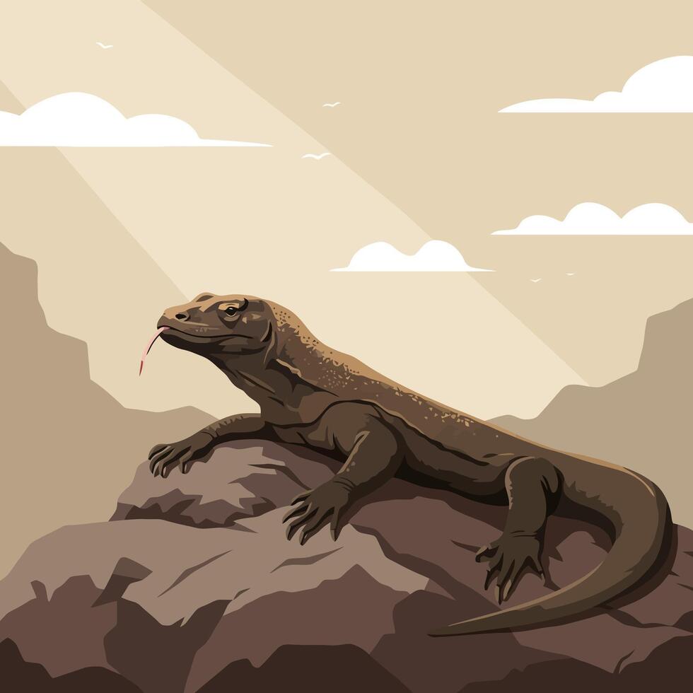 Komodo Dragon Resting on Rock Illustration with Tongue Extended vector