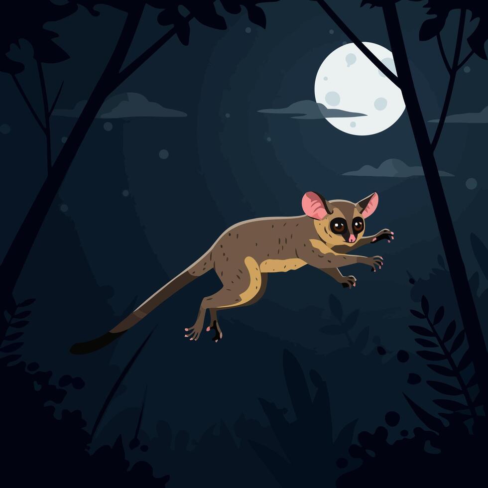 Galago Leaping in a Dark Forest with a Bright Moon vector