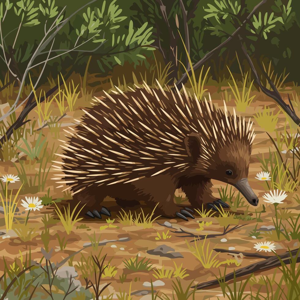 Echidna Foraging in Grassy Field Illustration with Flower Accents vector