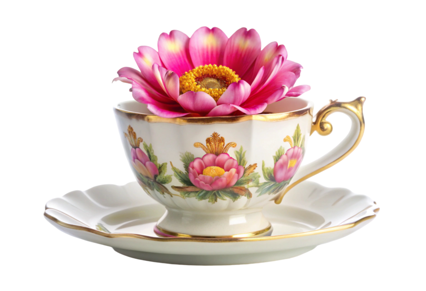 A pink flower is in a cup with a saucer png
