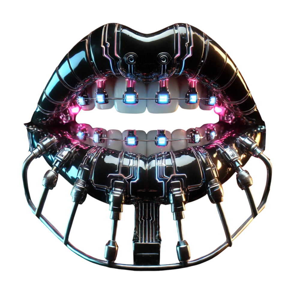 The teeth are reinforced with complex mechanical components, including gears. png