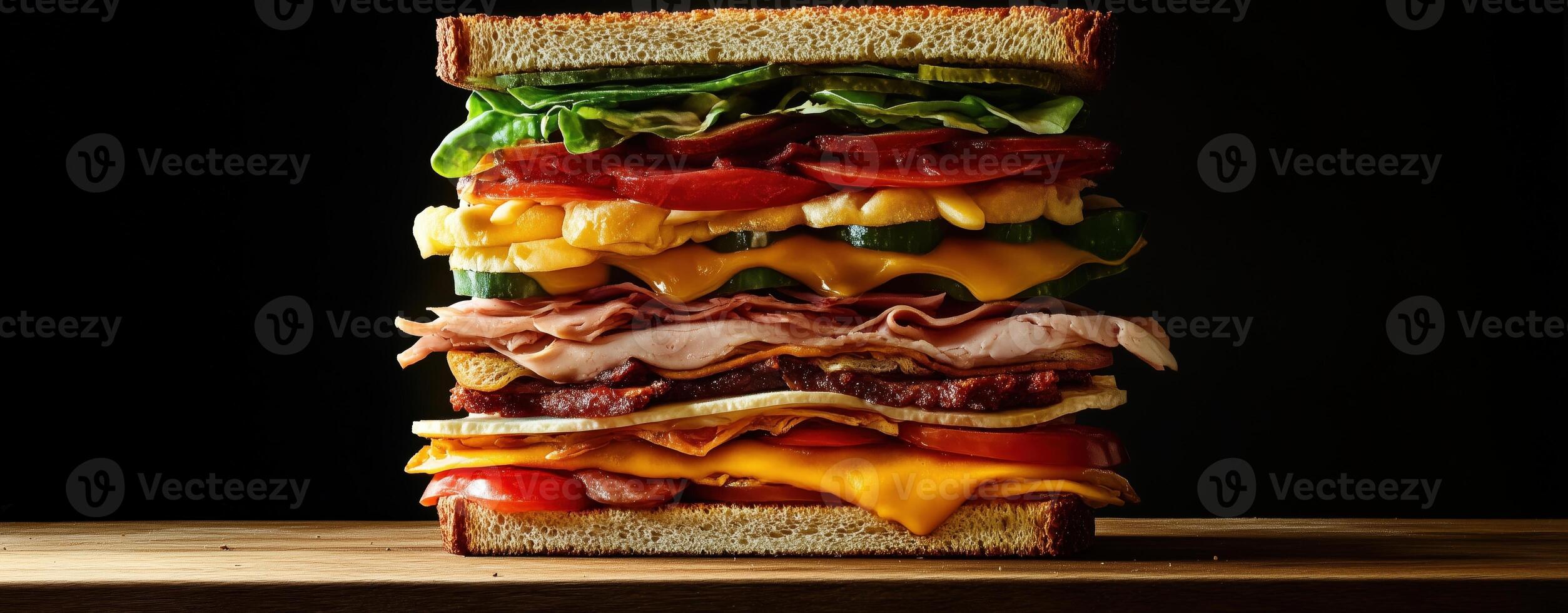 Stacked sandwich with layers of meats, cheeses, vegetables, on a wooden board, dark background photo