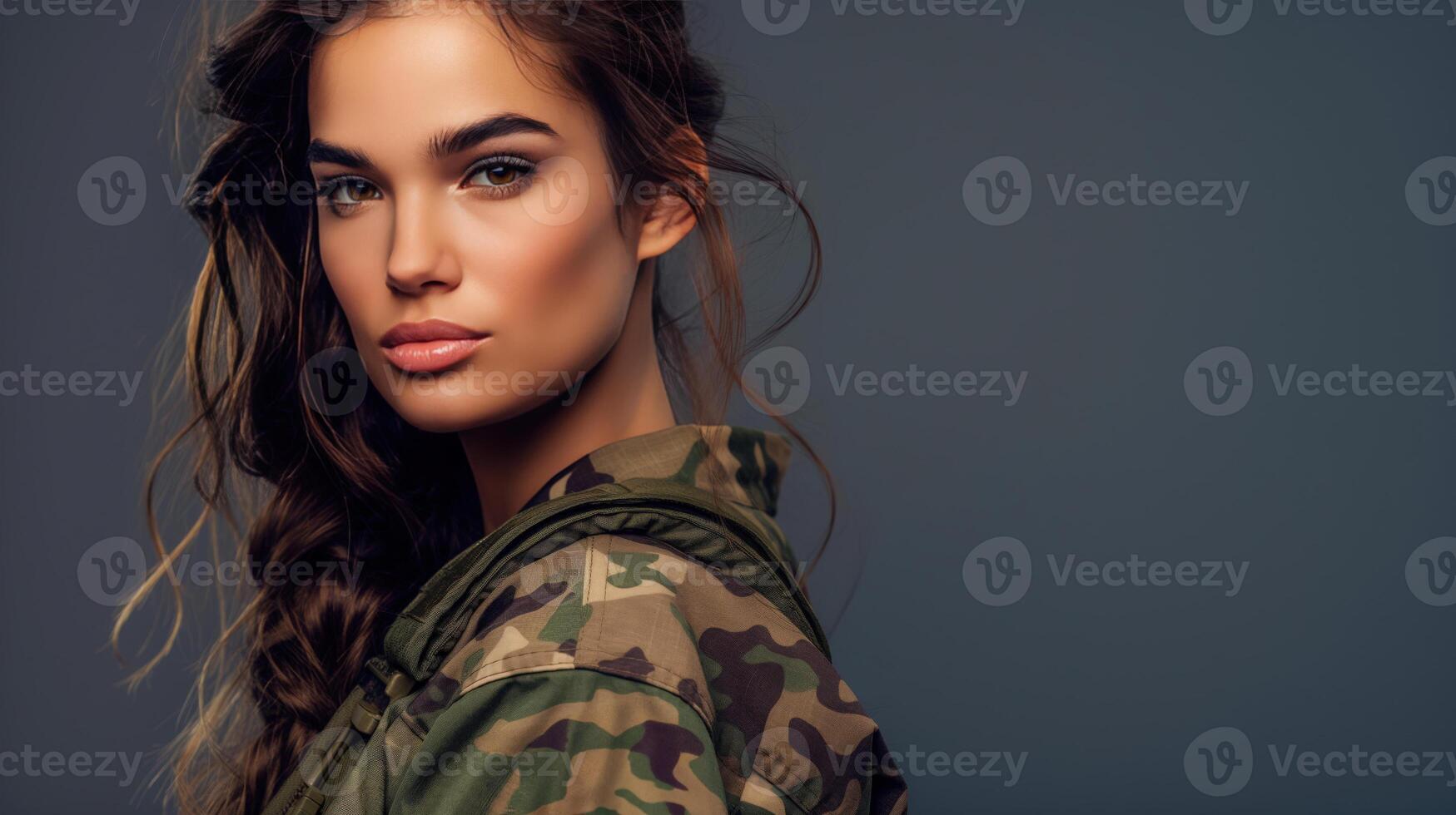 Fearless young servicewoman in a camouflage military outfit, army soldier on dark background photo