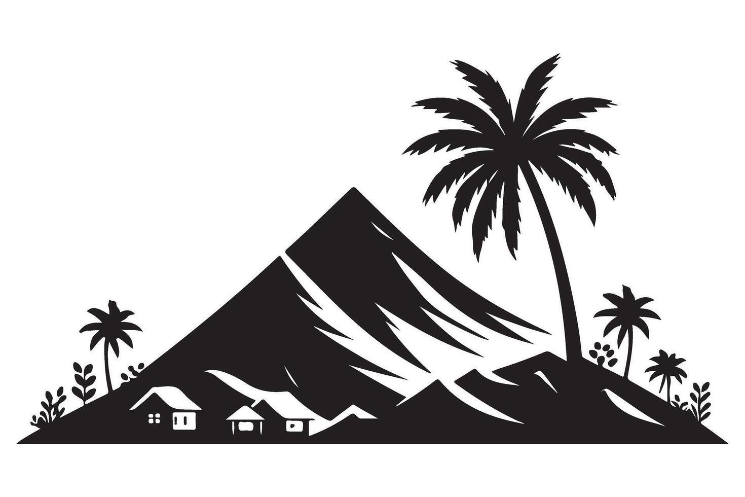 Mountain Scenery with Asian Village and Palm Trees Silhouette Artwork vector