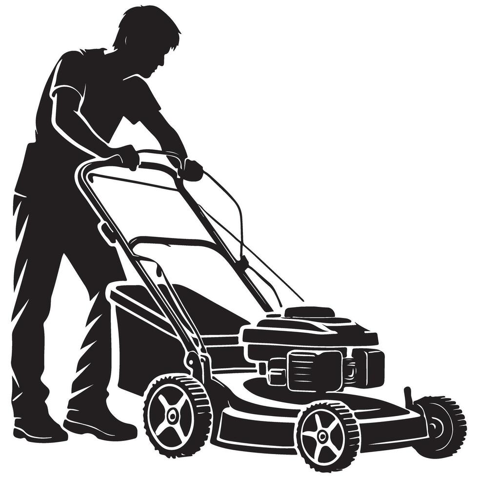 Silhouette Man Mowing Lawn with Mower Illustration Landscaping Service Template vector