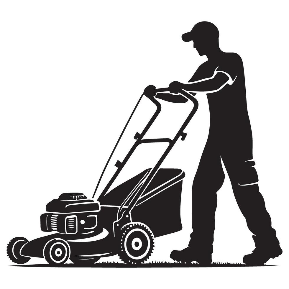 Silhouette Man Mowing Lawn with Mower Landscaping Service Design vector