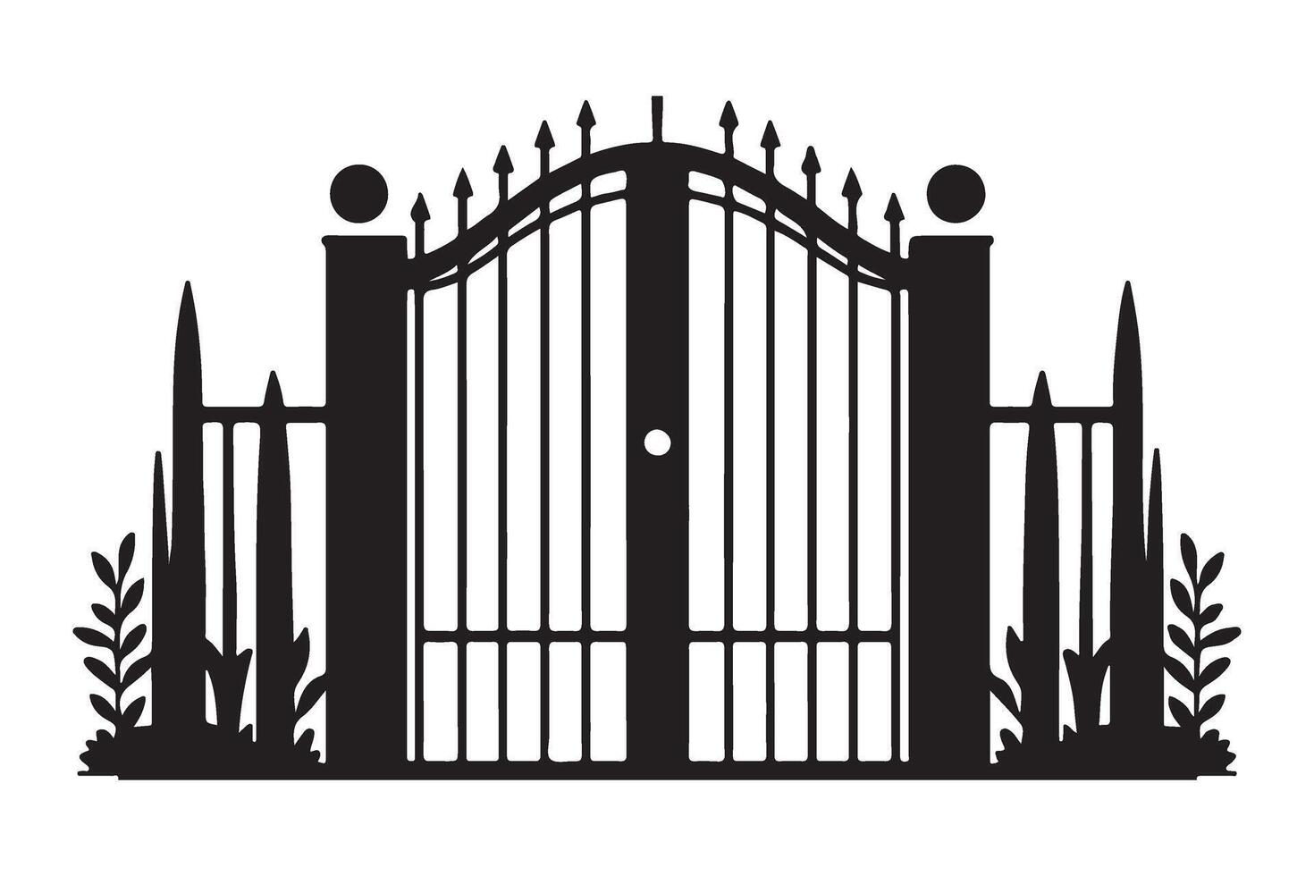 Charming Iron Gate Silhouette Artwork with Decorative Side Plants vector