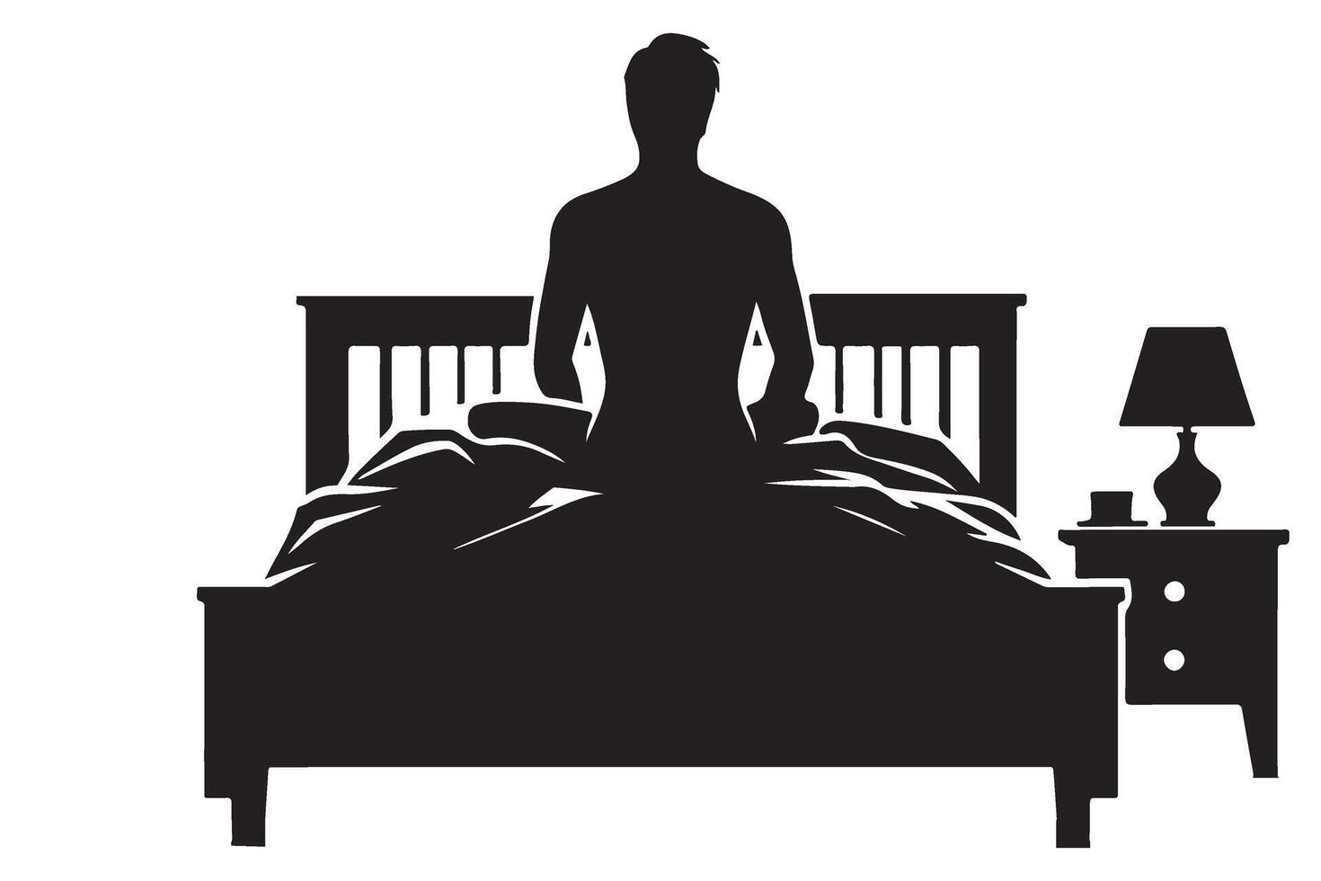 Man Silhouette Sitting on Bed with Nightstand Illustration for Sleep vector