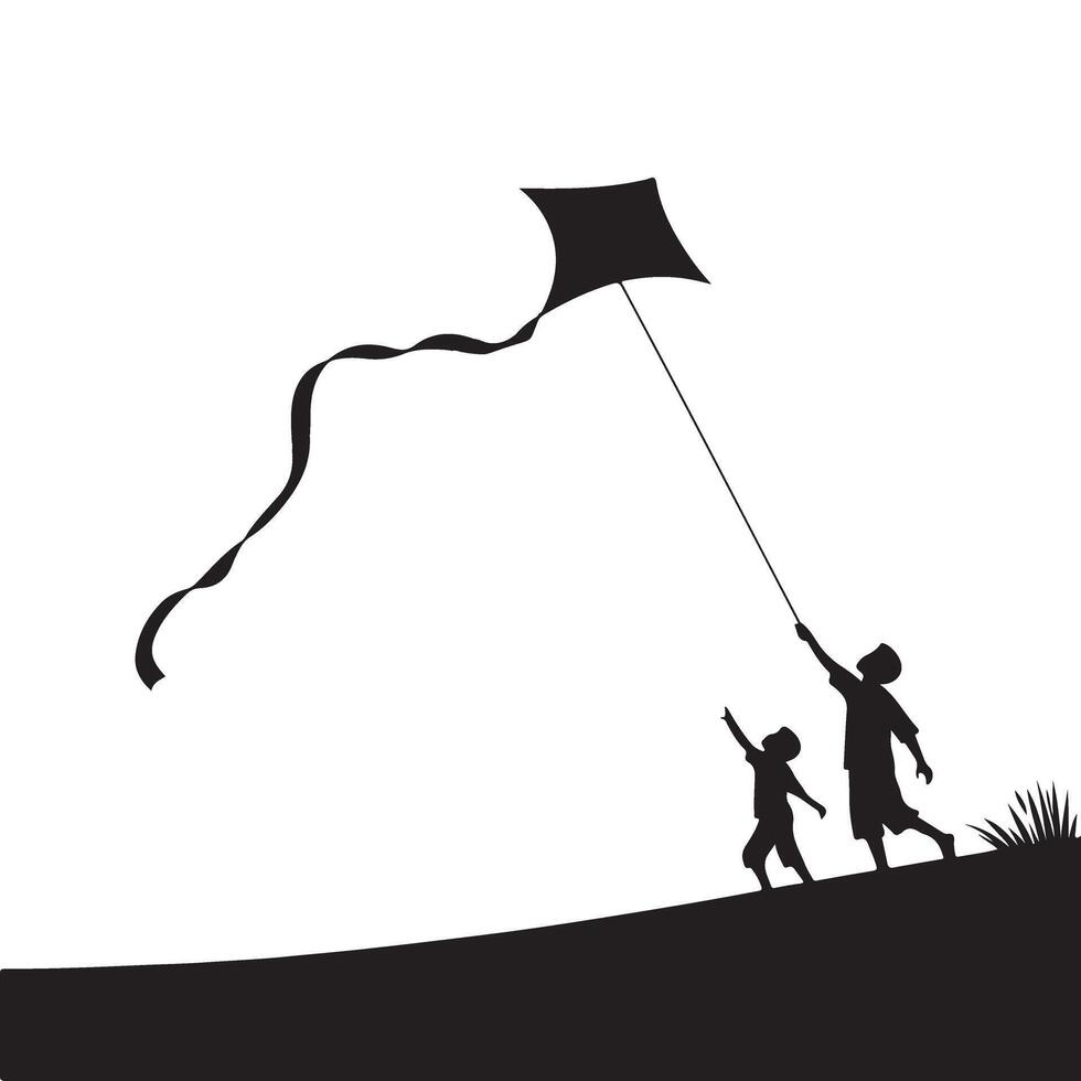 Silhouette of Father and Child Flying Kite Celebrating Joyful Outdoor Activities vector