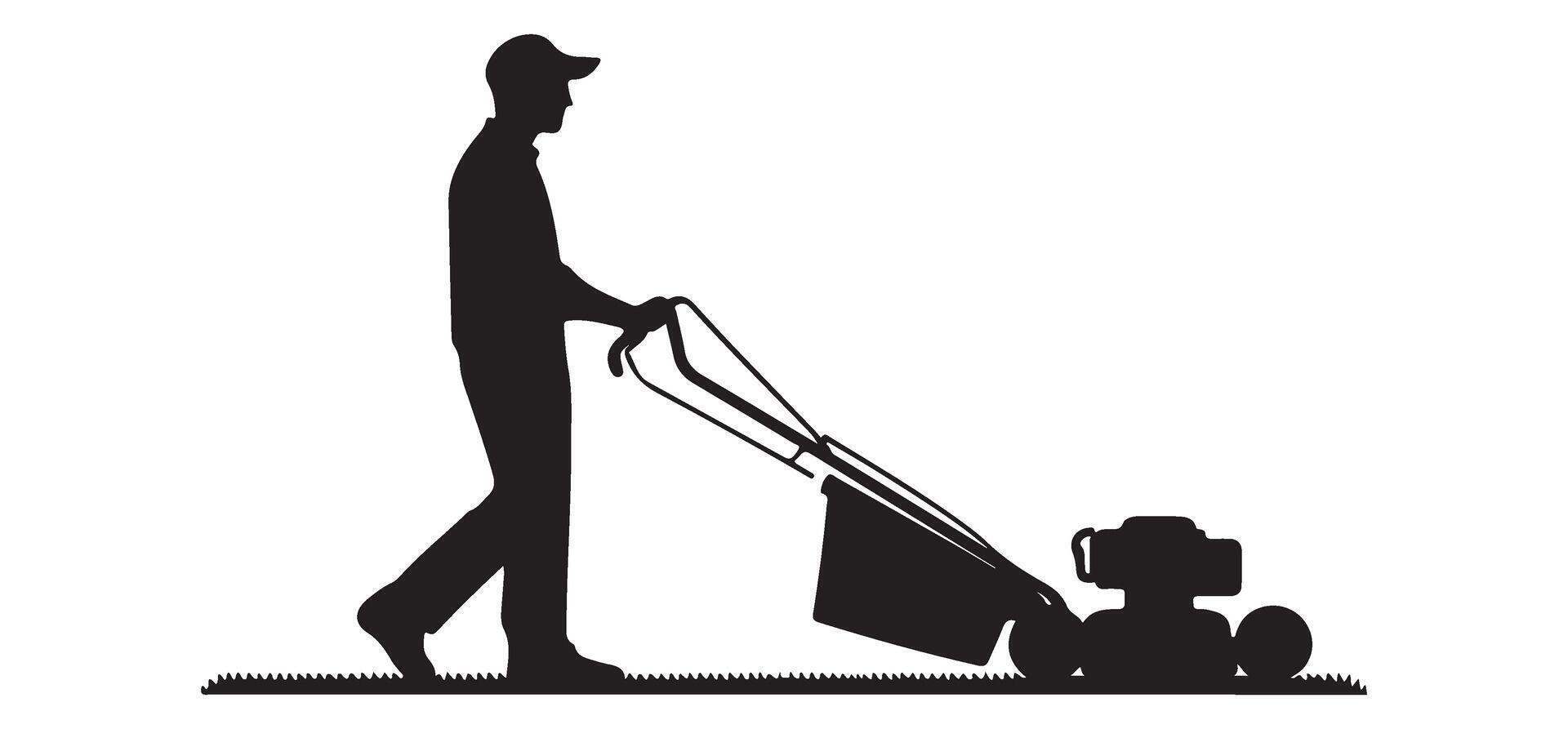 Silhouette of Man Mowing Lawn Grass Cutting Yard Work vector