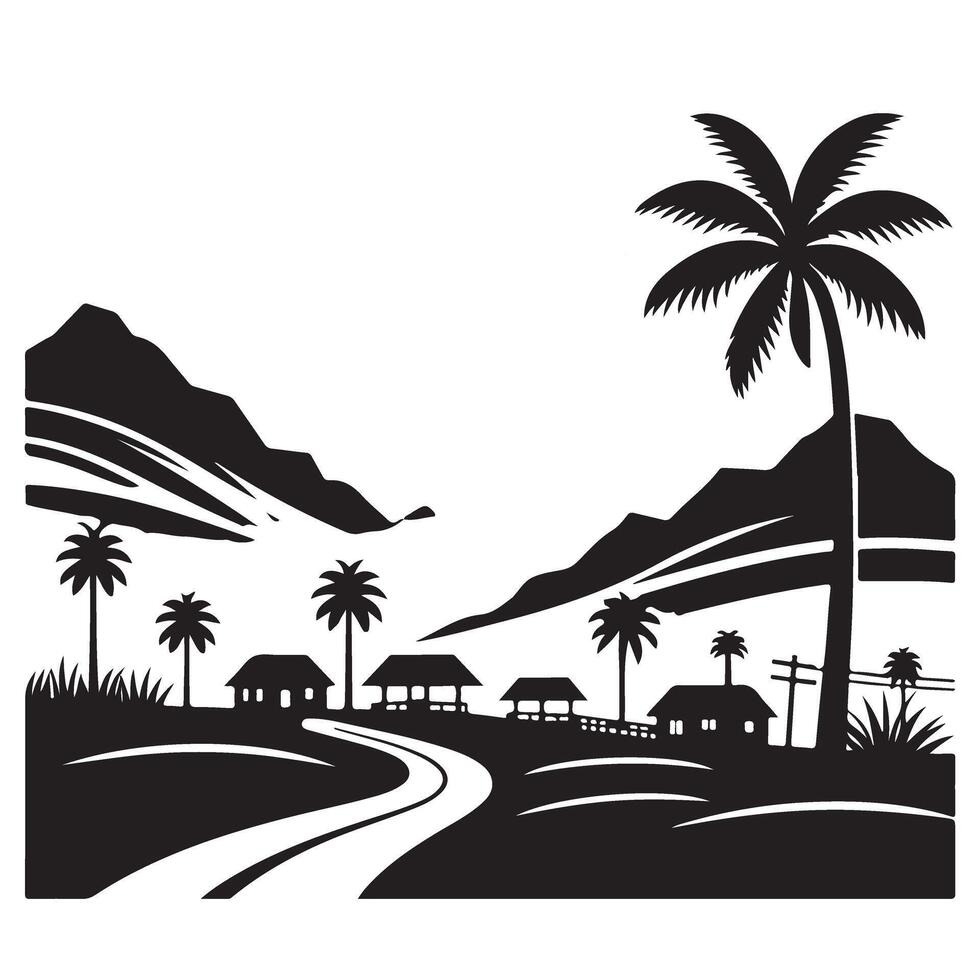 Tropical Landscape with Road Asian Village Silhouette Art vector