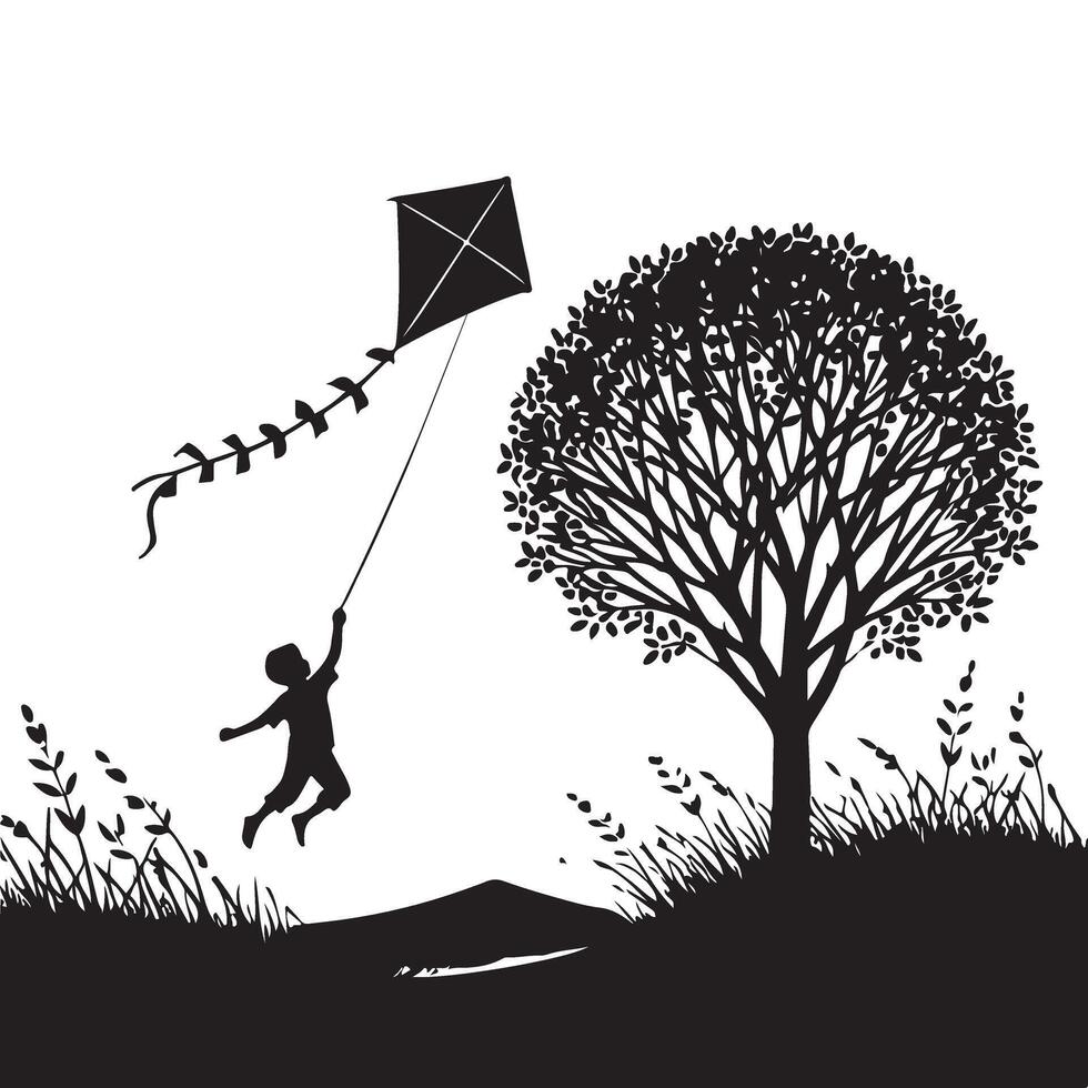 Silhouette of a Child flying a Kite in Nature Outdoors vector