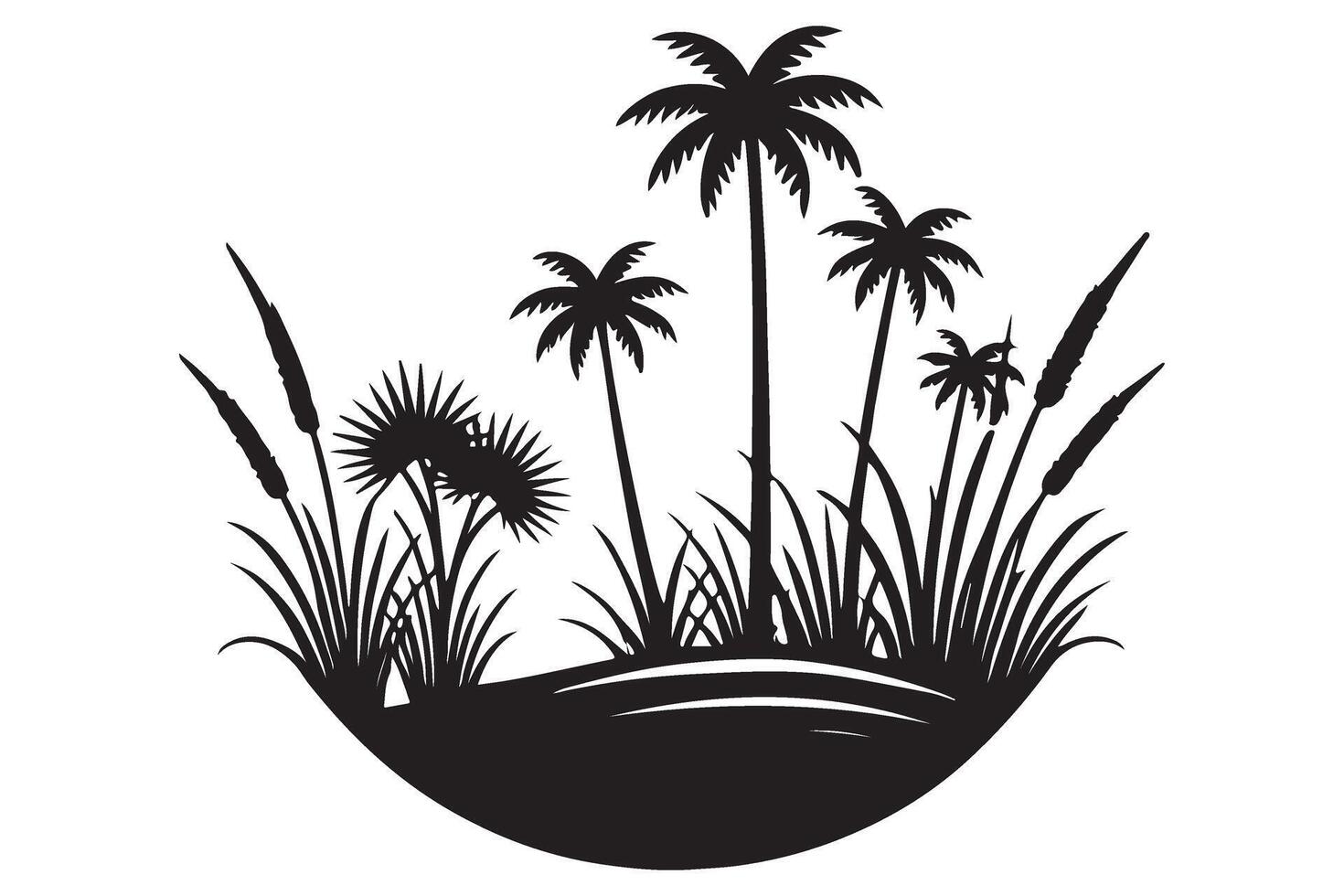 Silhouette Tropical Oasis Illustration with Palm Trees and Cattails vector