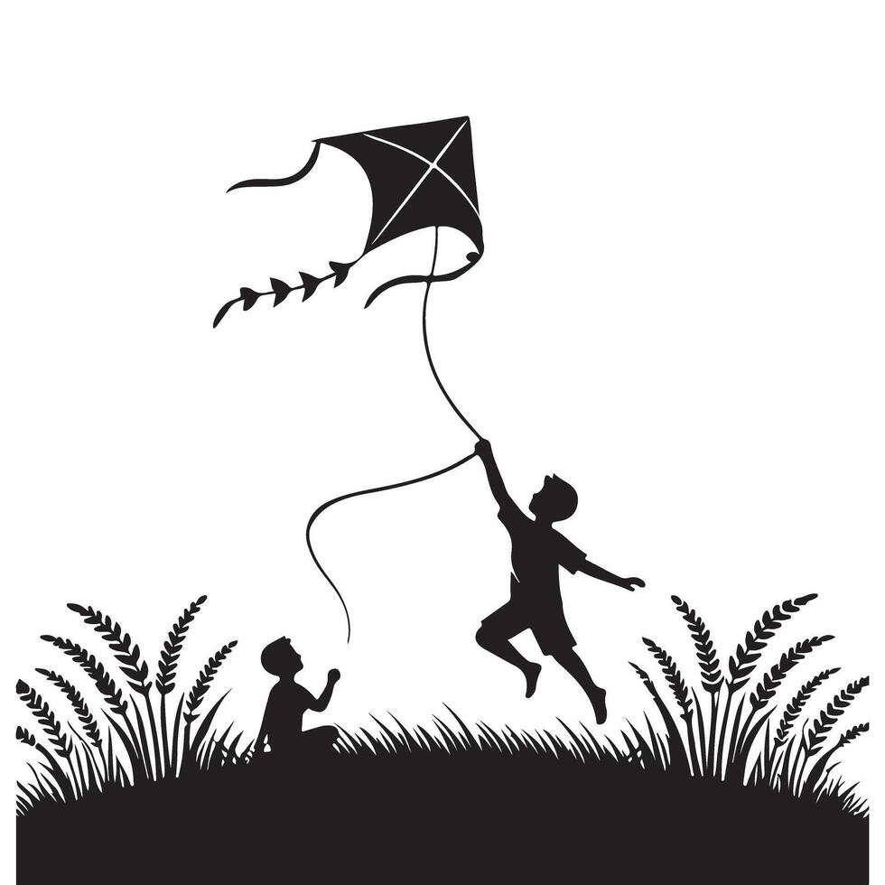 Silhouette of Two Boys Flying a Kite Nature Outdoors Scene vector