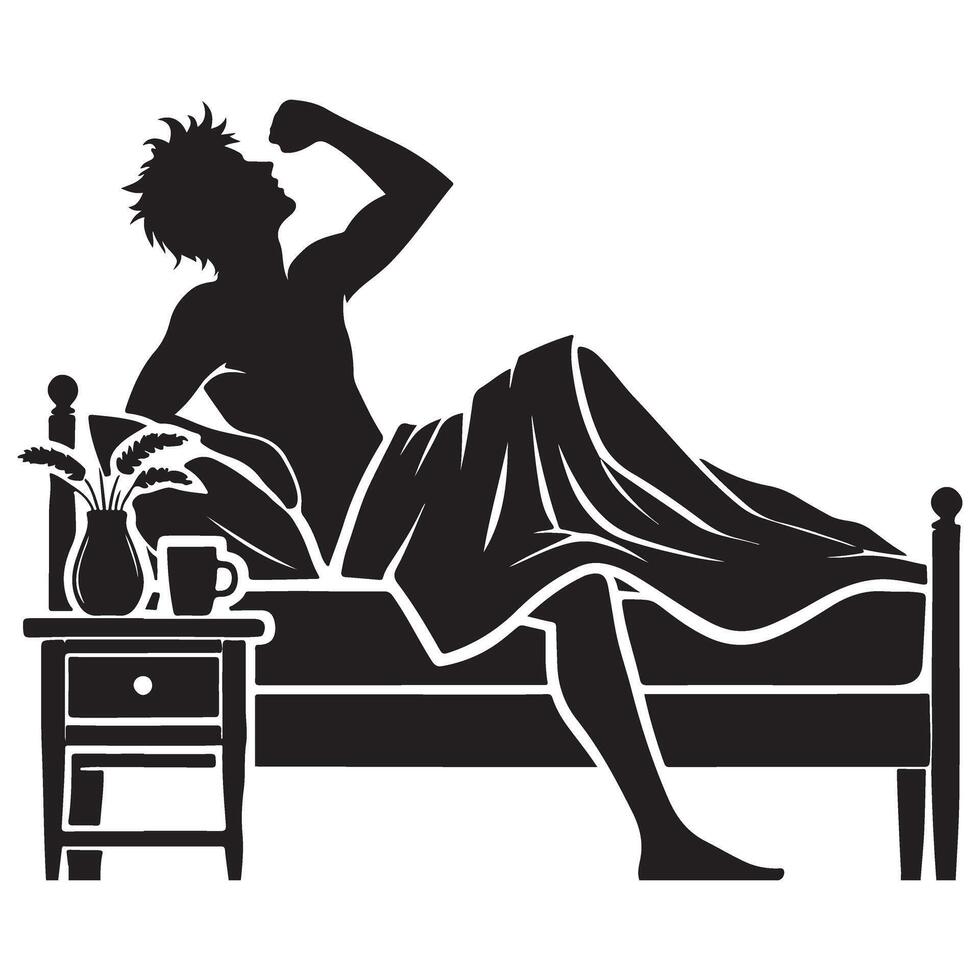 Silhouette Man Waking Up Stretching in Bed Morning Routine vector