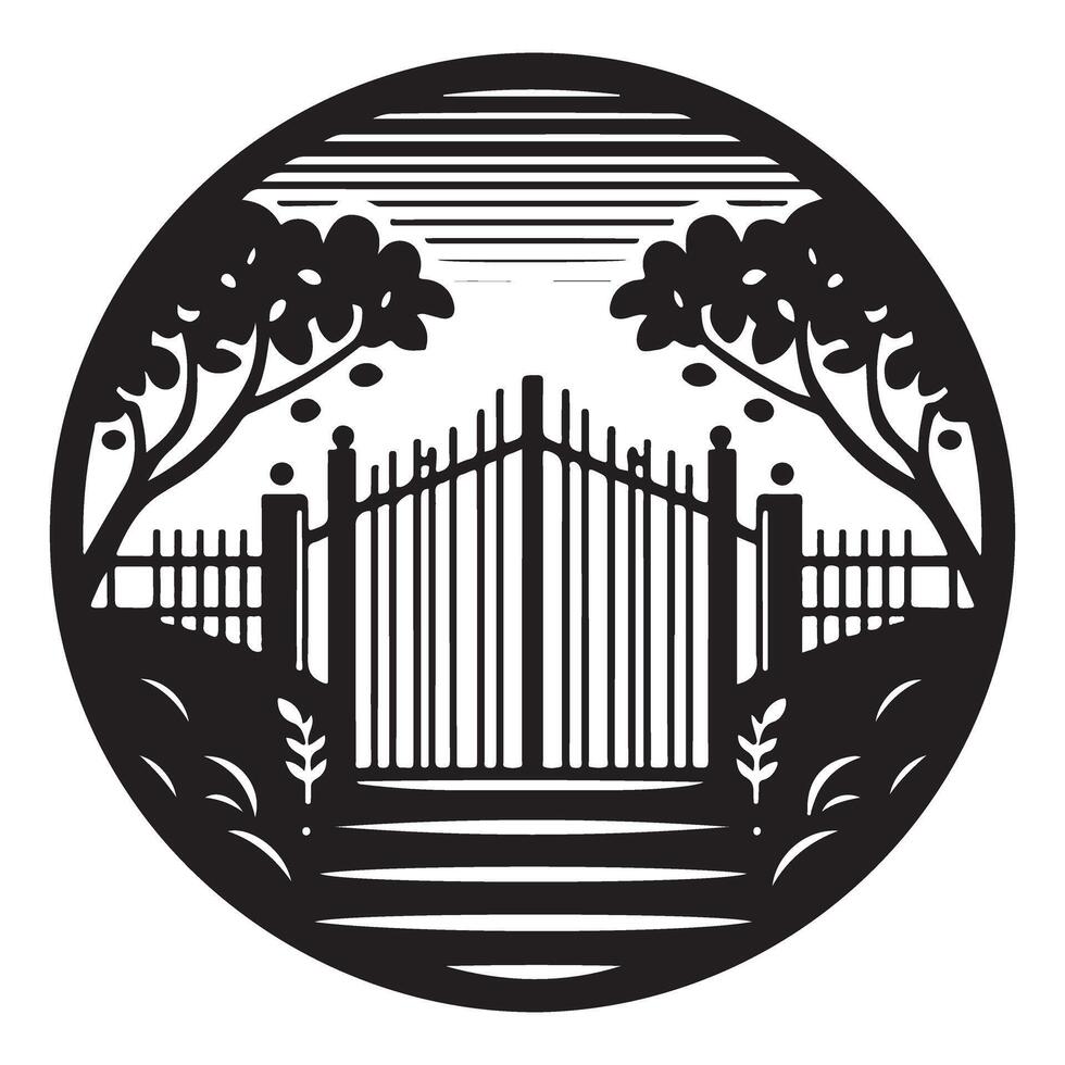 Scenic Garden Gate Silhouette Illustration in Circular Frame vector