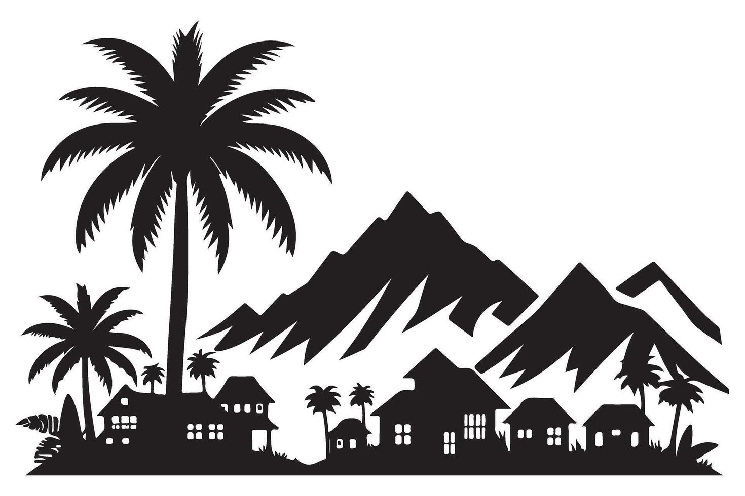 Asian Village Scenery Silhouette with Mountains and Palms Image vector