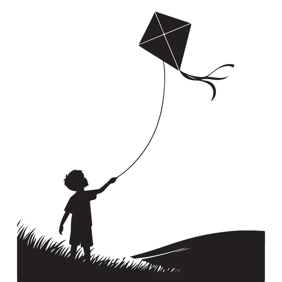 Boy Flying Kite Silhouette Art Happiness and Freedom vector