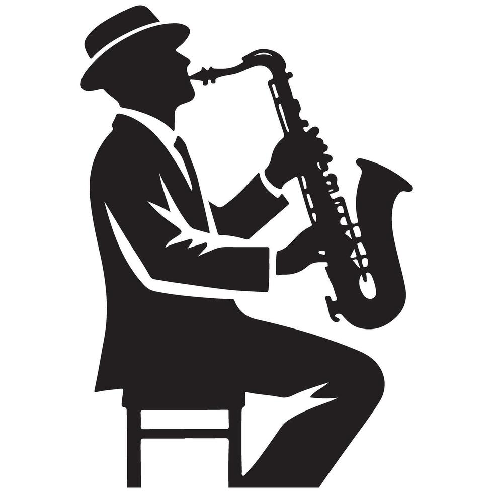 Elegant Silhouette of a Jazz Saxophone Player Sitting Illustration vector