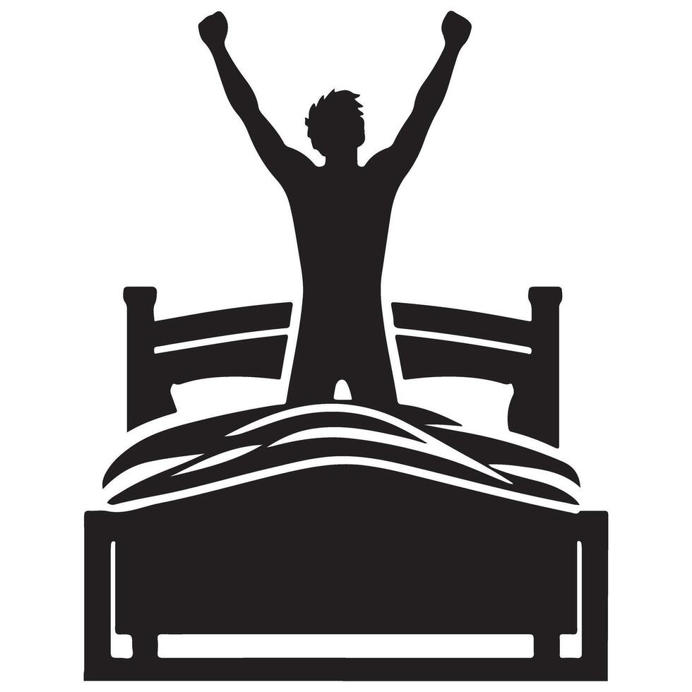 Silhouette of a Man Waking up Happy in Bed Morning vector