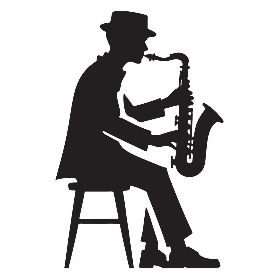 Silhouette of a Saxophone Player Seated on a Stool Art vector