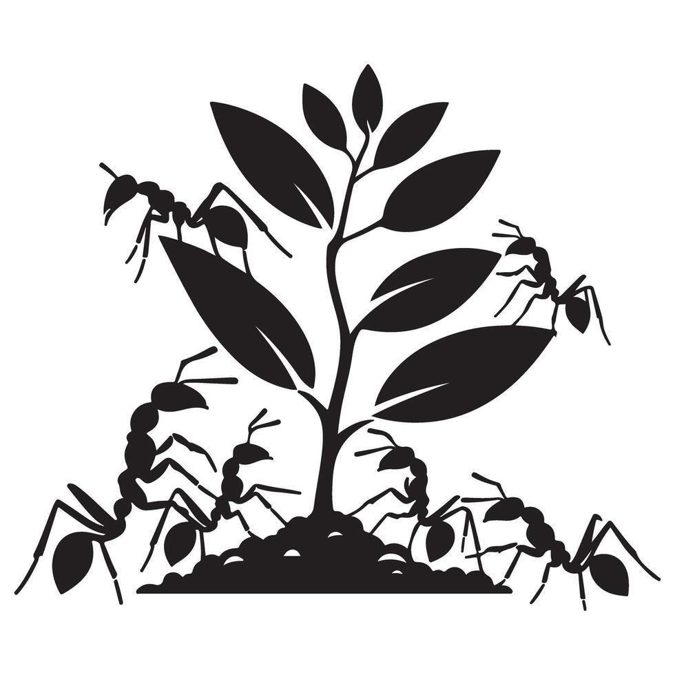 Ant Colony Silhouette Art Working Together on Plant vector