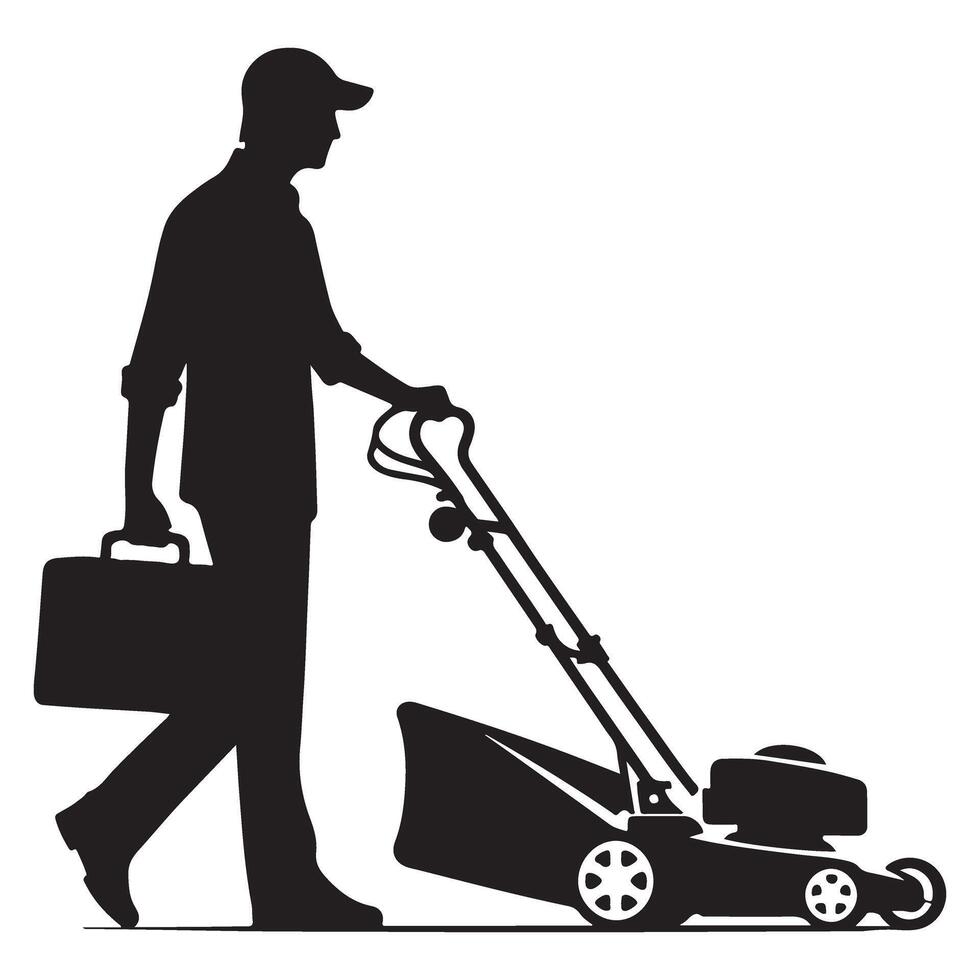 Professional Lawn Care Services Expert with Mower Silhouette Illustration vector