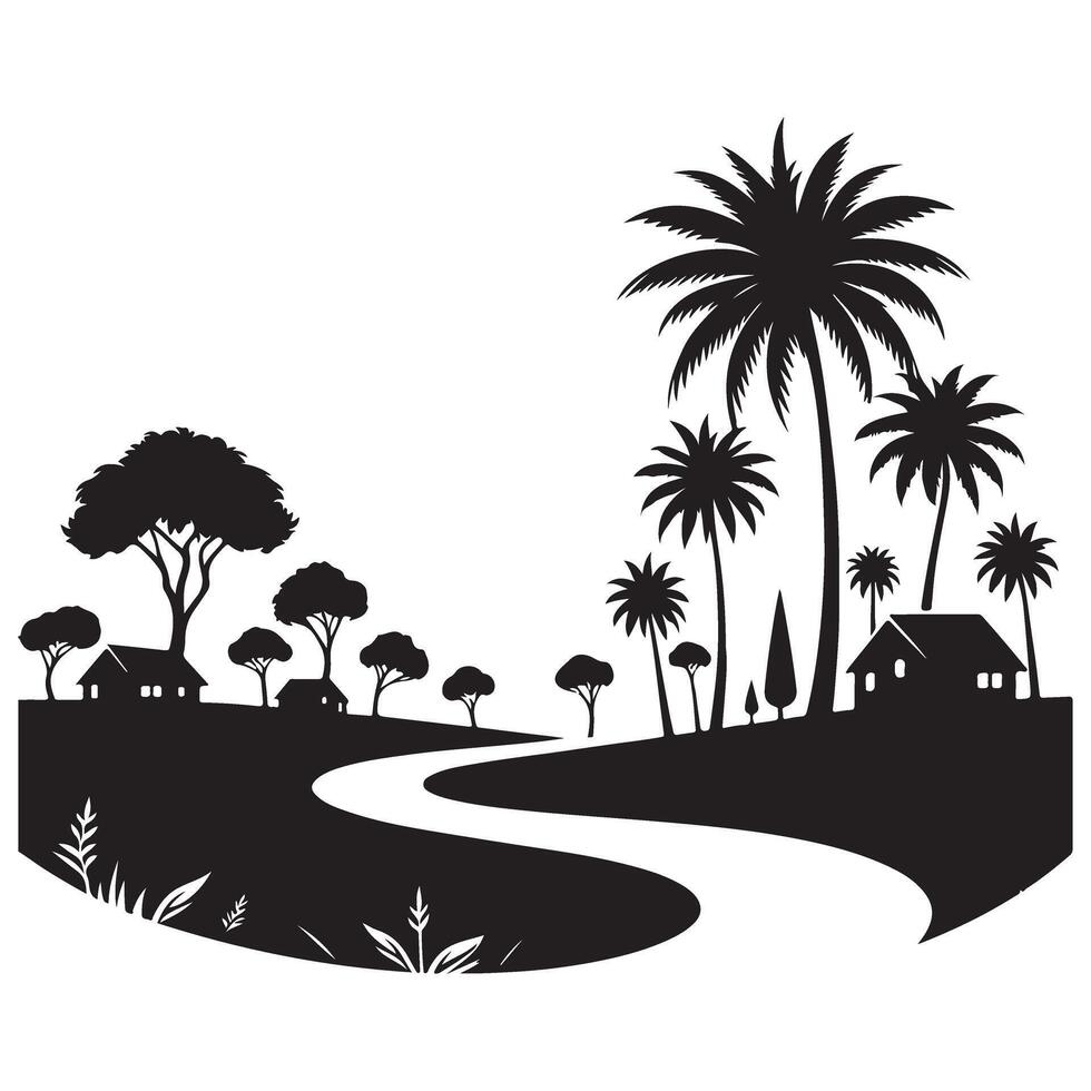 Scenic Tropical Village Illustration with Winding Road vector