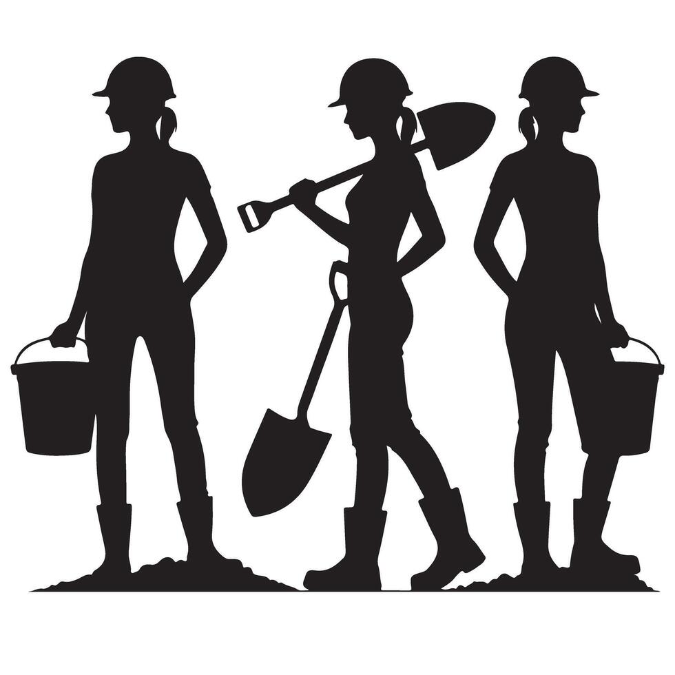 Empowering Women Construction Workers Silhouette with Tools and Determination Art vector