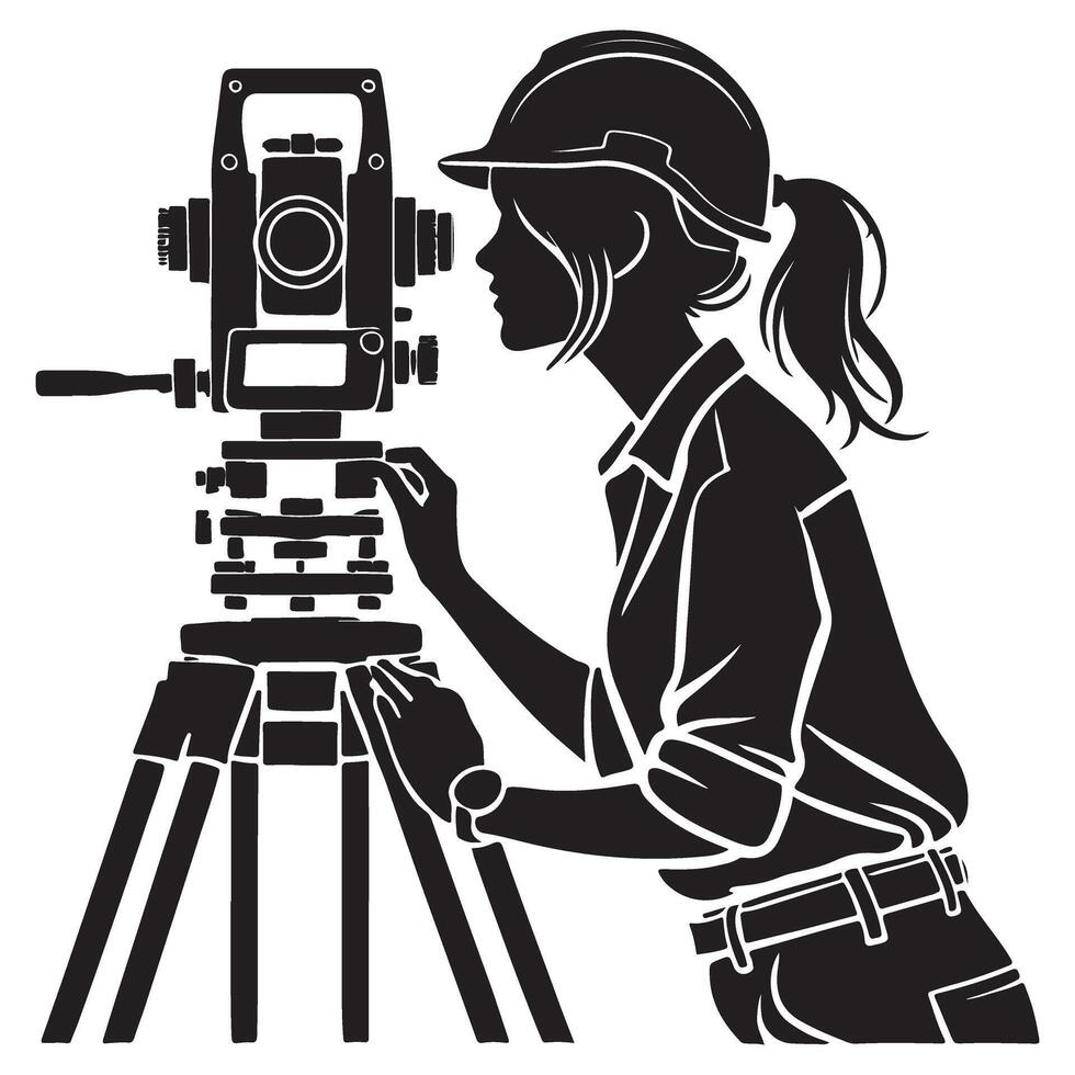 Female Surveyor Silhouette Using Precision Instrument in Engineering Field vector