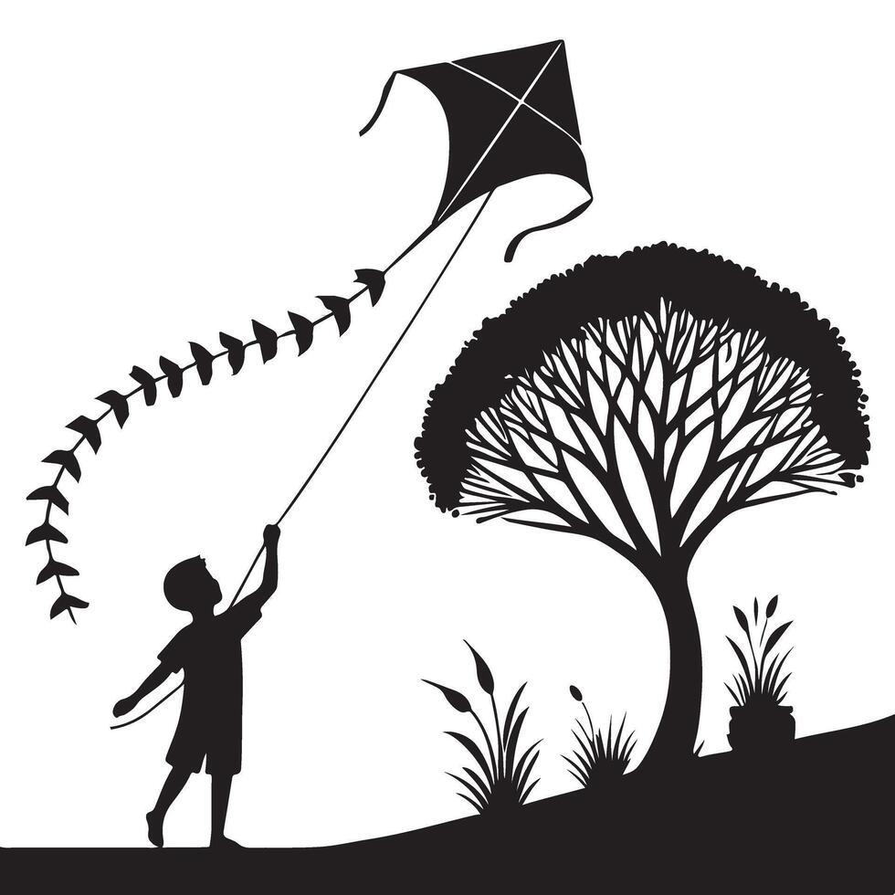 Boy Flying Kite Silhouette Illustration Enjoying Outdoor Activity in Nature vector