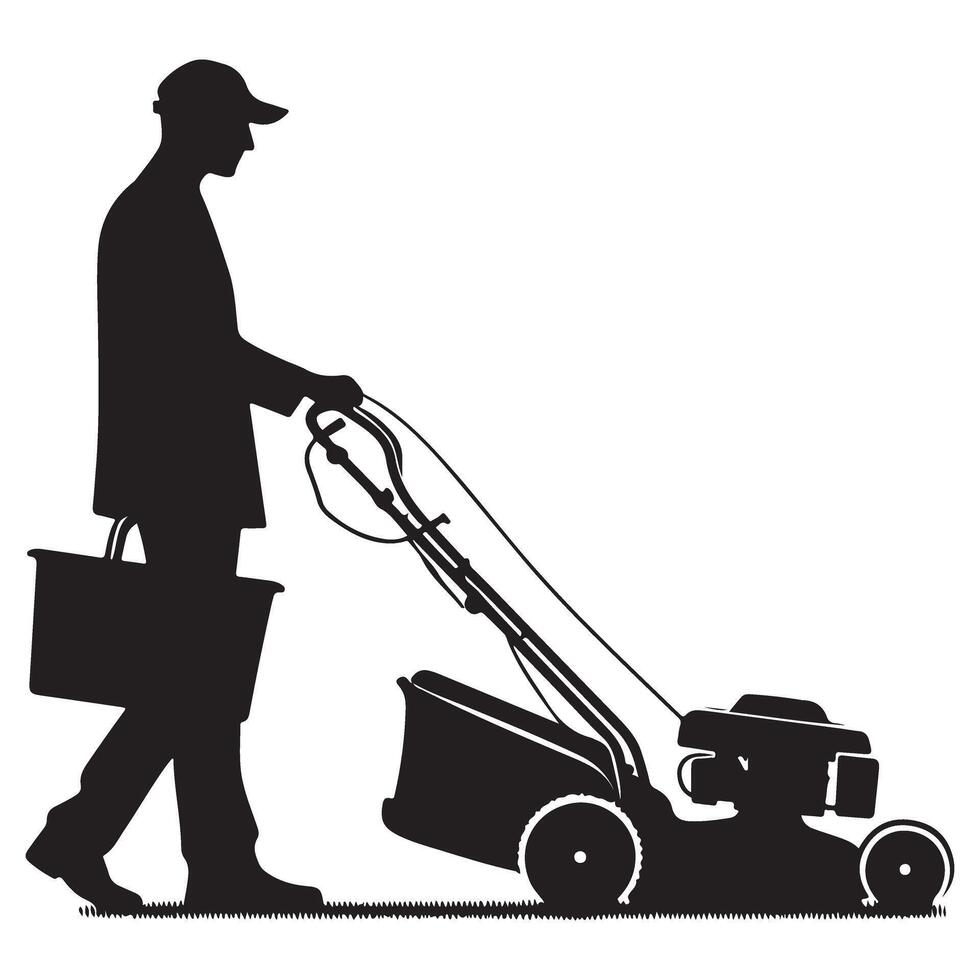Silhouette Man Mowing Lawn with Bag Equipment Home Maintenance vector