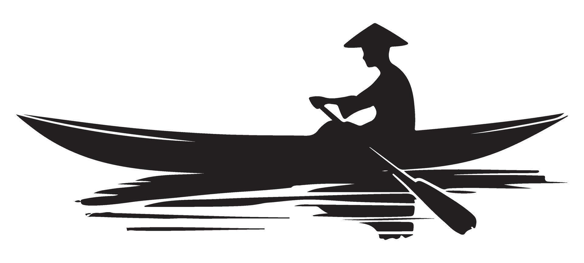 Silhouette Rowing Boat Illustration with Asian Conical Hat Figure vector