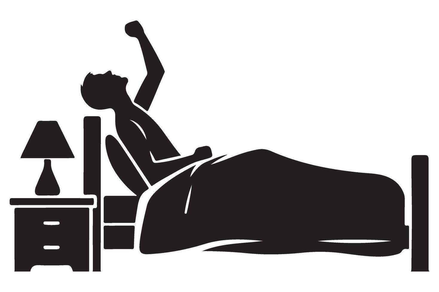 Man sitting in bed silhouette illustration waking up and stretching comfortably vector