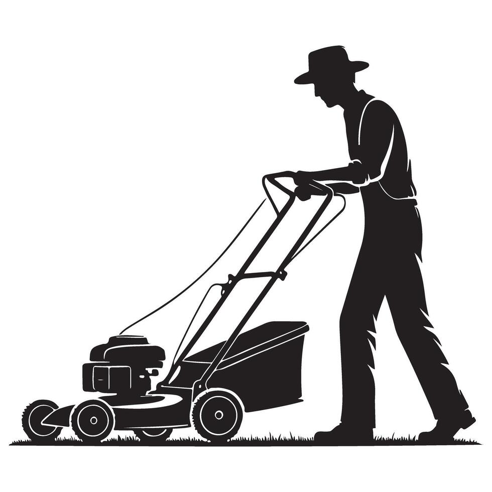 Silhouette Man Mowing Lawn with Mower Landscaping Illustration Design vector