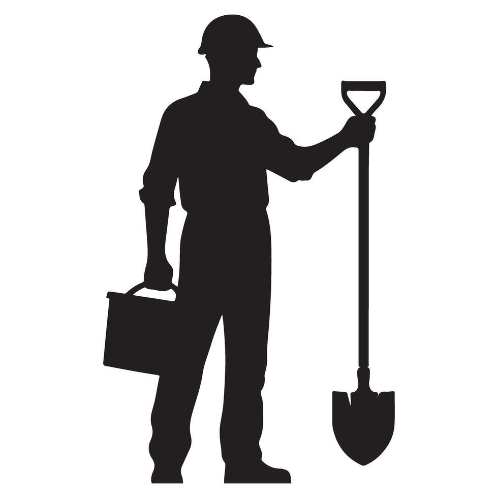 Construction Worker Silhouette with Shovel and Toolbox Represents Hard Work vector