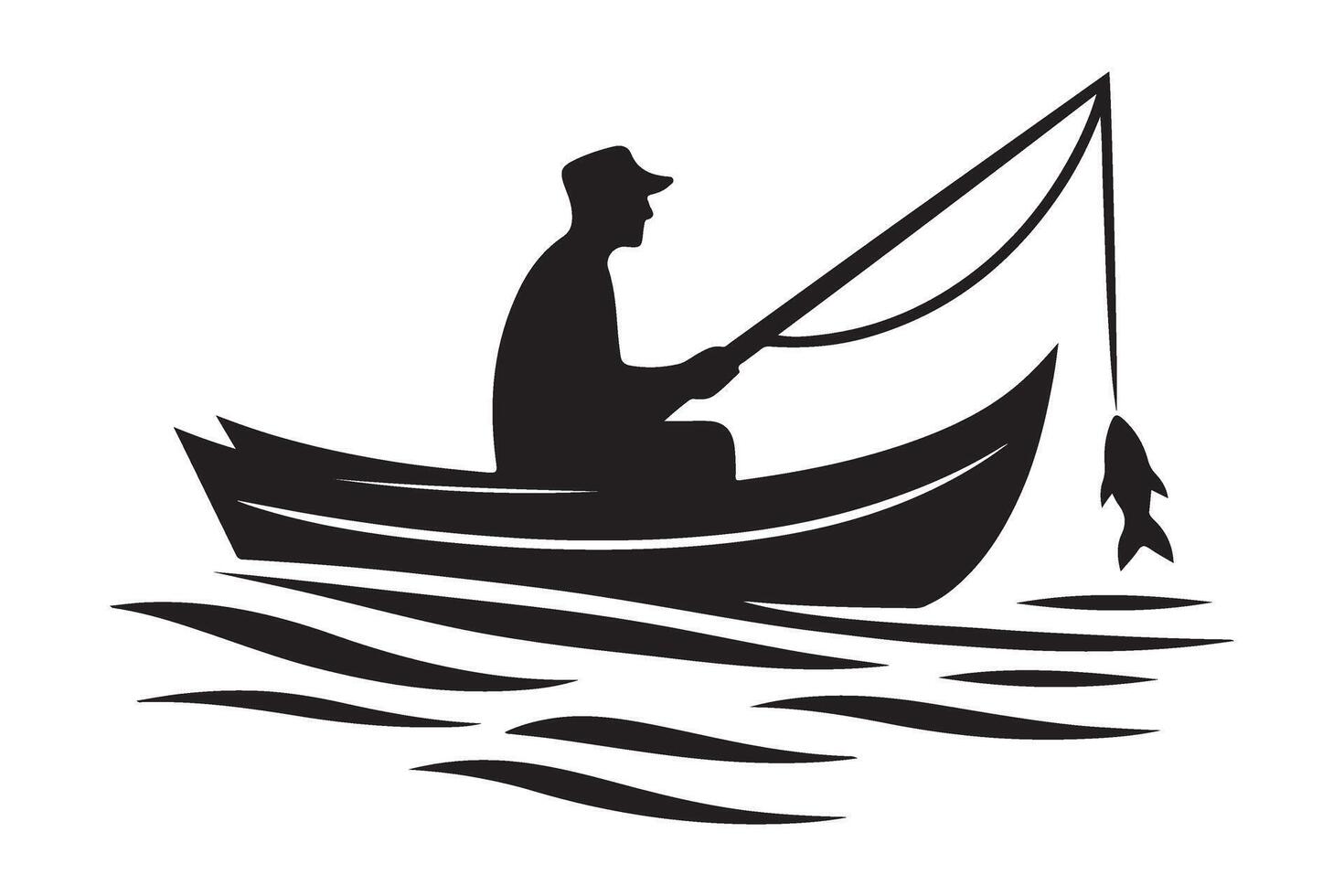 Fisherman Silhouette in Boat Catching Fish Recreational Outdoor Adventure vector