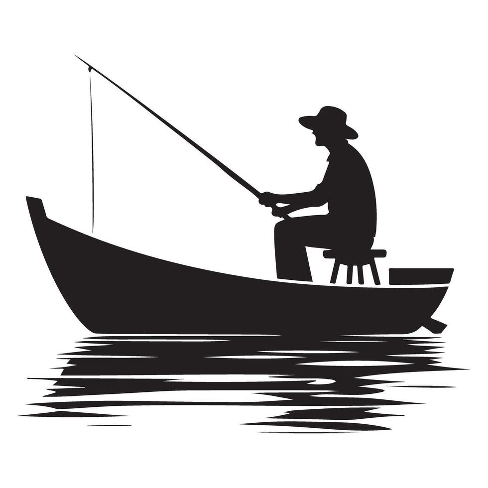 Silhouette Fisherman in Boat with Fishing Rod Illustration vector