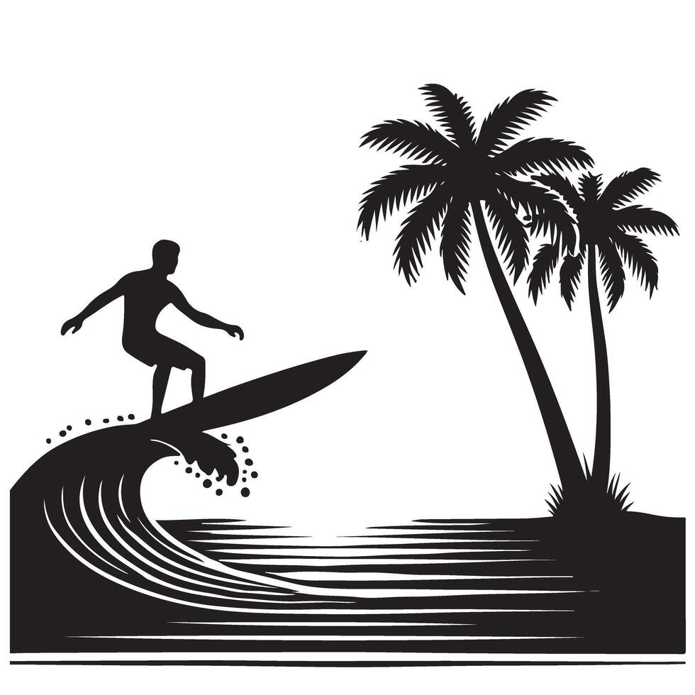 Silhouette of Surfer Riding Wave with Palm Trees Tropical Paradise vector