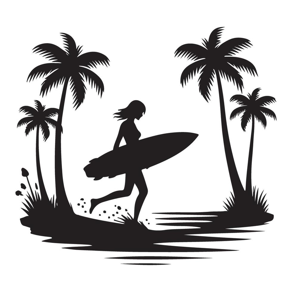 Silhouette of Woman Surfer Running on Beach with Palm Trees vector