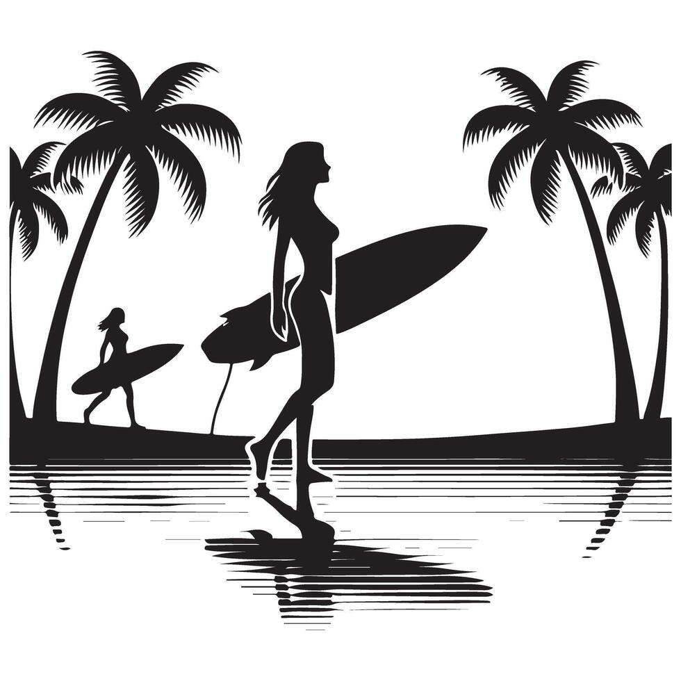 Silhouette of Surfers Walking on Beach with Palm Trees Art vector