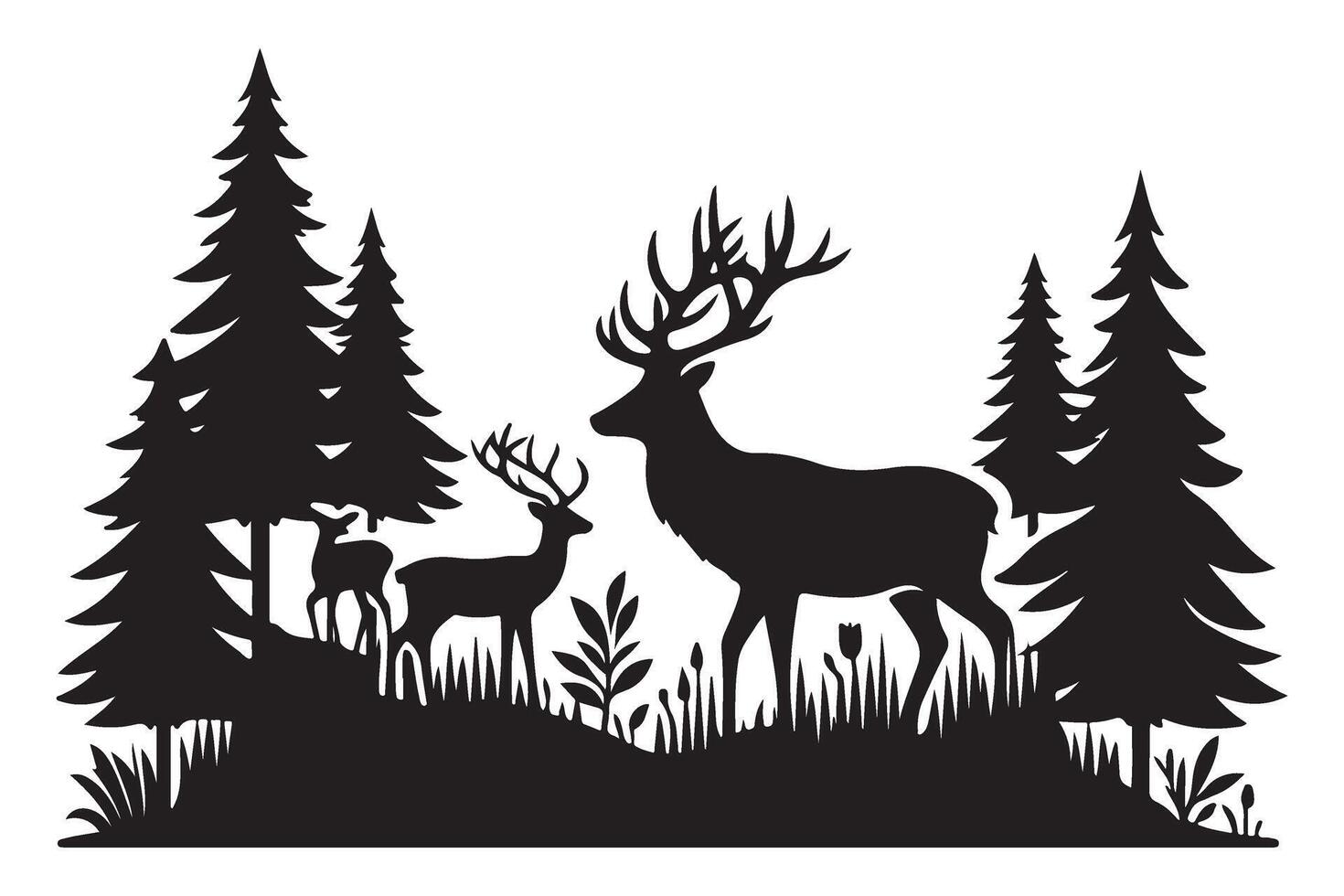 Deer Family Silhouette in Forest Wildlife Nature Scenic Landscape vector