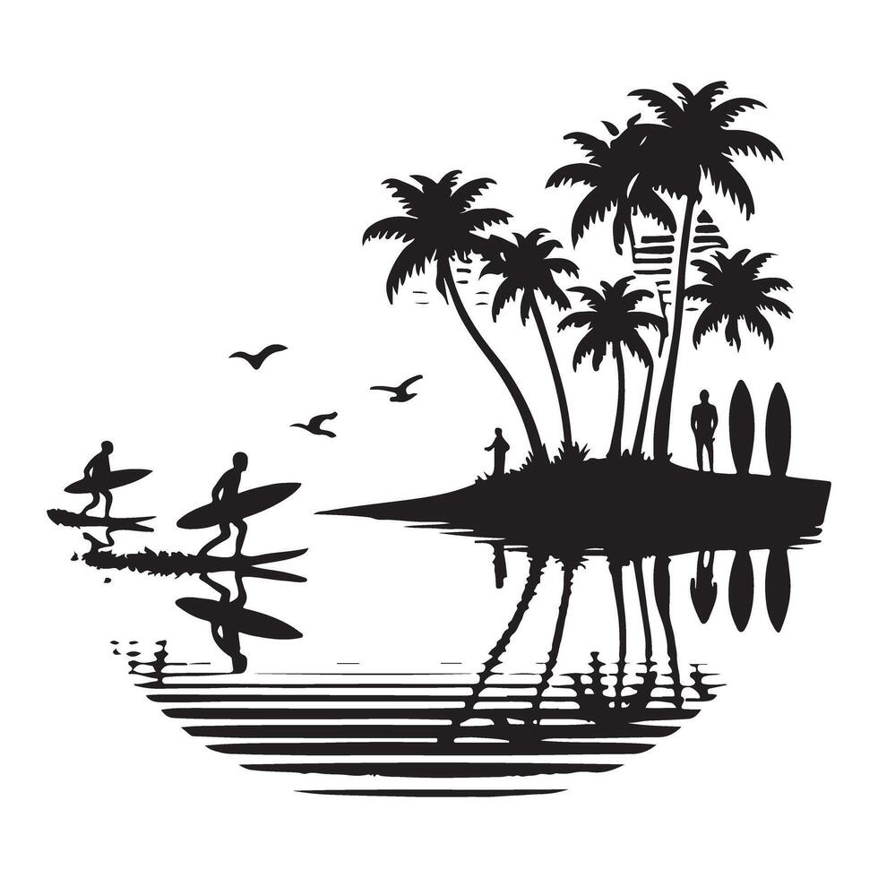 Tropical Island Silhouette Art Reflective Serene Water Surface Scene vector