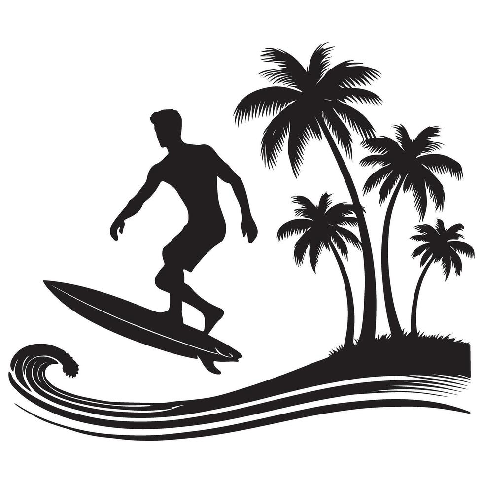 Silhouette of Surfer Riding Wave by Palm Trees Graphic Design vector