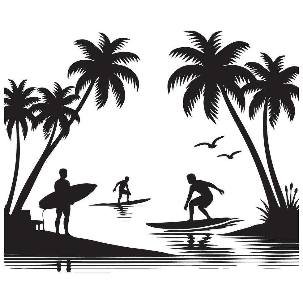 Tropical Beach Surfers Silhouette with Palm Trees and Birds vector