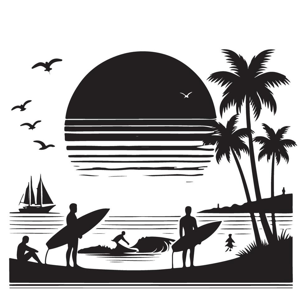 Tropical Beach Sunset Surfing Silhouette Art Print for Coastal Decor vector