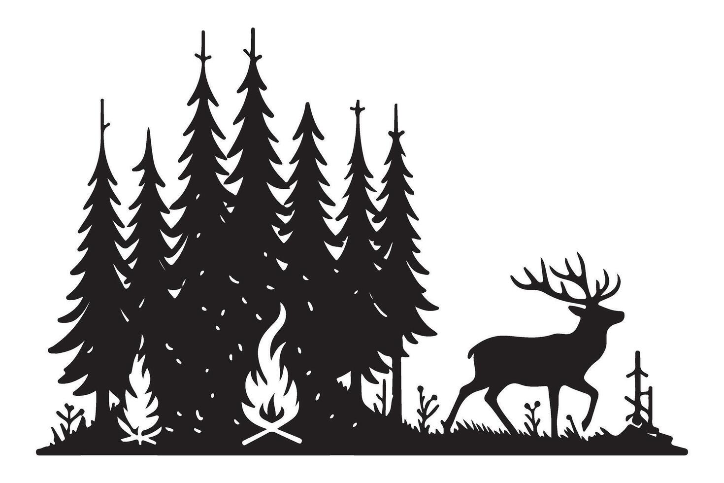 Camping Scene Silhouette A Nature Illustration with Deer and Campfire vector