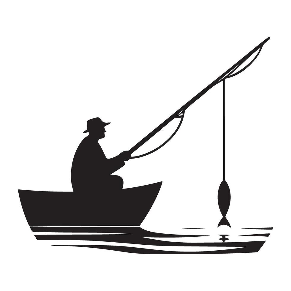 Catch of the Day Fisherman Silhouette in Boat Illustration vector