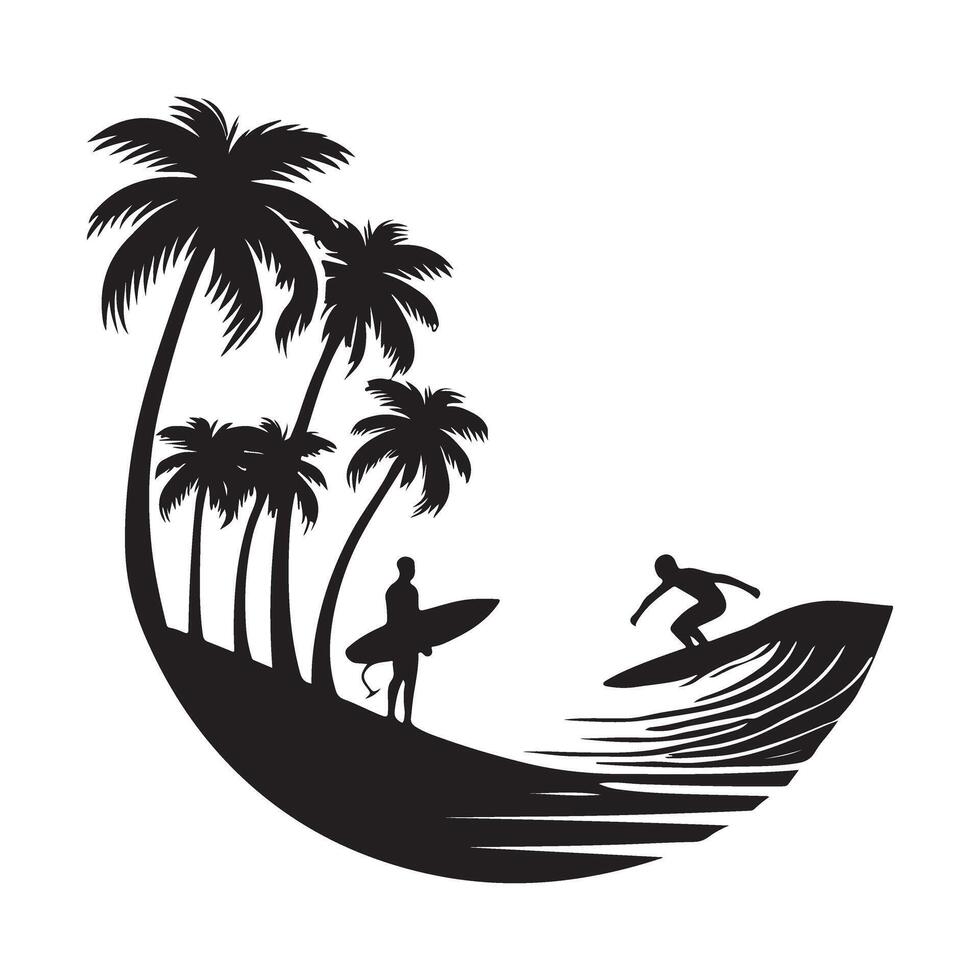 Silhouette of Surfer Riding Wave by Palm Trees Illustration vector